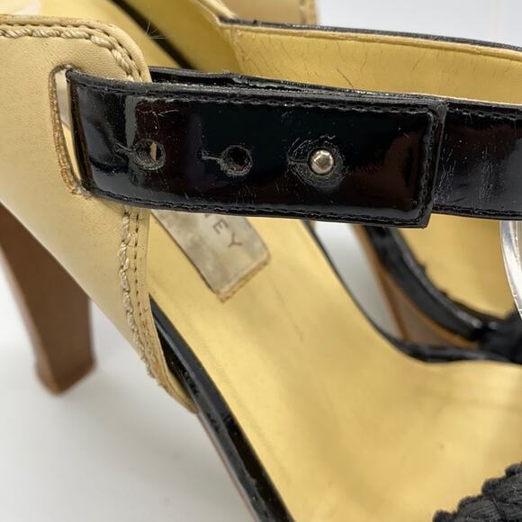 Stella McCartney Black & Tan Woven Platform Sandals 36 Wooden Heel Ankle Straps - Picture 7 of 12